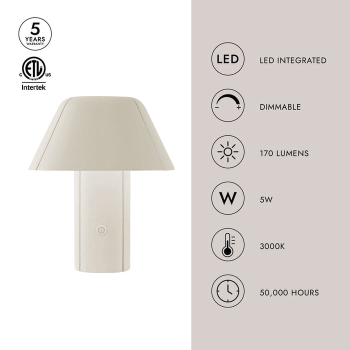 Beige outdoor lamp with Intertek certification and LED specifications, dimmabel, 170 lumens, 5W, 3000K, and 50,000 hours on white background