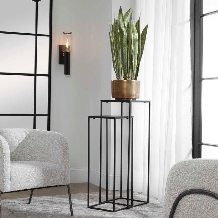 Coreene Nesting Pedestal Tables, S/2 Aged Black Iron-Furniture-Uttermost-Lighting Design Store