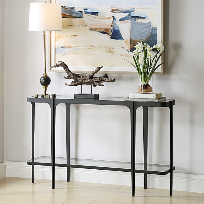 Atchison Console Table Satin Black Iron-Furniture-Uttermost-Lighting Design Store