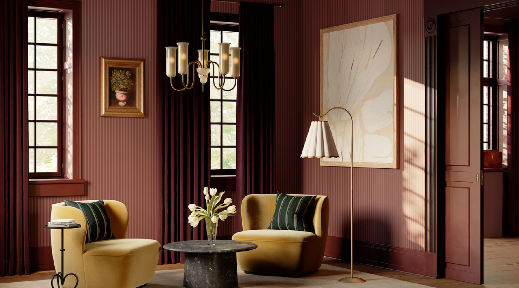 Burgundy living room area with decorative floor lamp and chandelier 