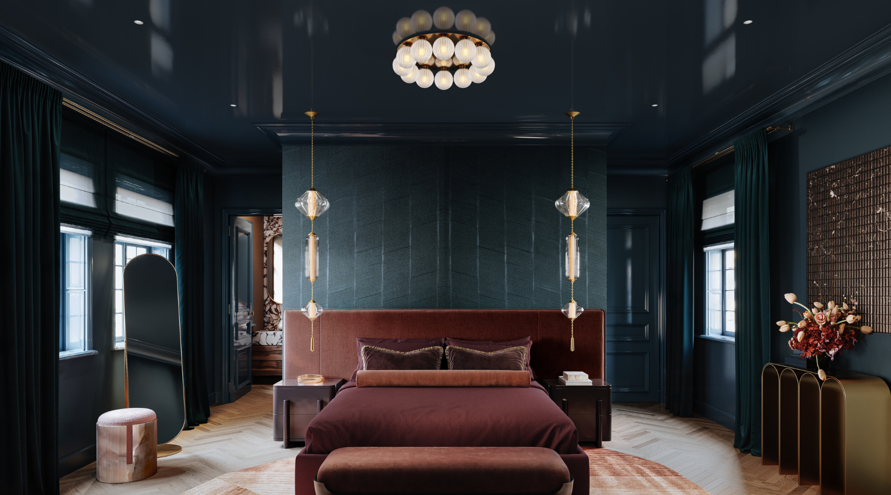 Moody, luxurious bedroom with deep blue walls, a burgundy bed, and crystal pendant lights flanking the headboard.