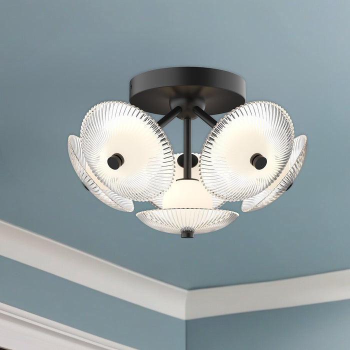 Hera LED Flush Mount Matte Black/Clear Ribbed Glass-Semi-Flush Mts.-Alora-Lighting Design Store