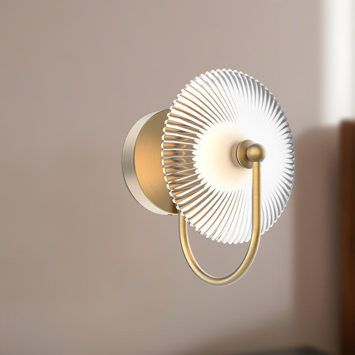 Hera LED Wall Sconce Brushed Gold/Clear Ribbed Glass-Sconces-Alora-Lighting Design Store