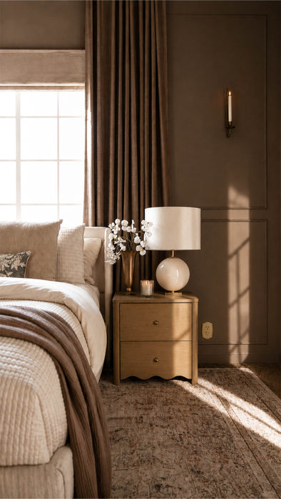 A nightstand sits next to a bed with neutral linens against a brown painted wall