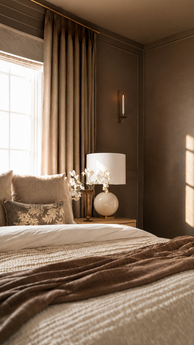 Angled view of bed with brown walls surrounding