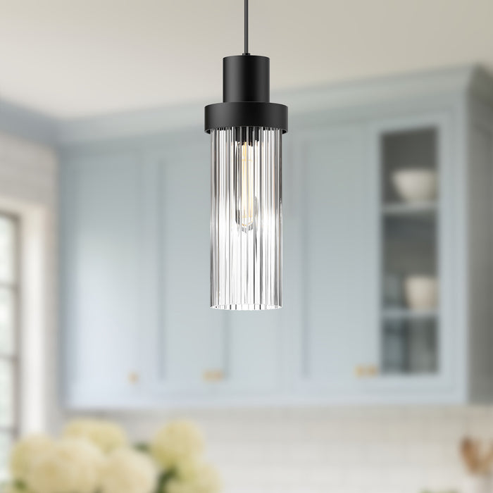 Kent One Light Pendant Clear Ribbed Glass/Matte Black-Mini Pendants-Alora-Lighting Design Store