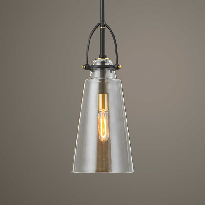 Saugus One Light Pendant Black With Antique Brass-Mini Pendants-Uttermost-Lighting Design Store