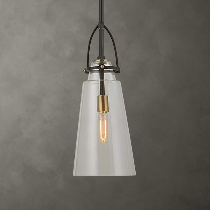 Saugus One Light Pendant Black With Antique Brass-Mini Pendants-Uttermost-Lighting Design Store