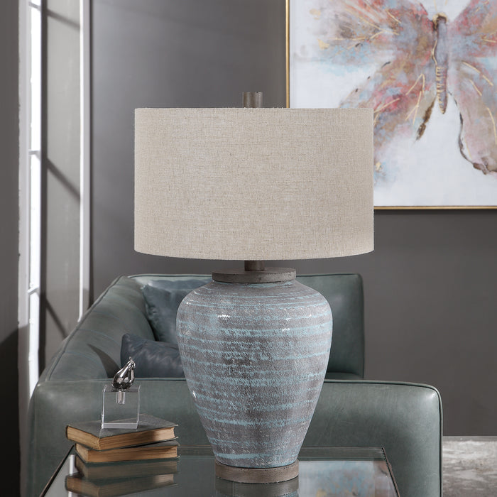 Pelia One Light Table Lamp Aqua Blue Crackle Glaze With Light Gray Textured Pattern-Lamps-Uttermost-Lighting Design Store
