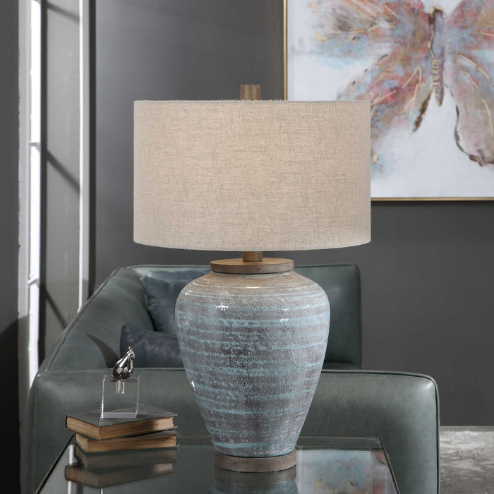 Pelia One Light Table Lamp Aqua Blue Crackle Glaze With Light Gray Textured Pattern-Lamps-Uttermost-Lighting Design Store