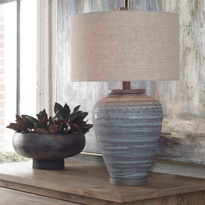 Pelia One Light Table Lamp Aqua Blue Crackle Glaze With Light Gray Textured Pattern-Lamps-Uttermost-Lighting Design Store