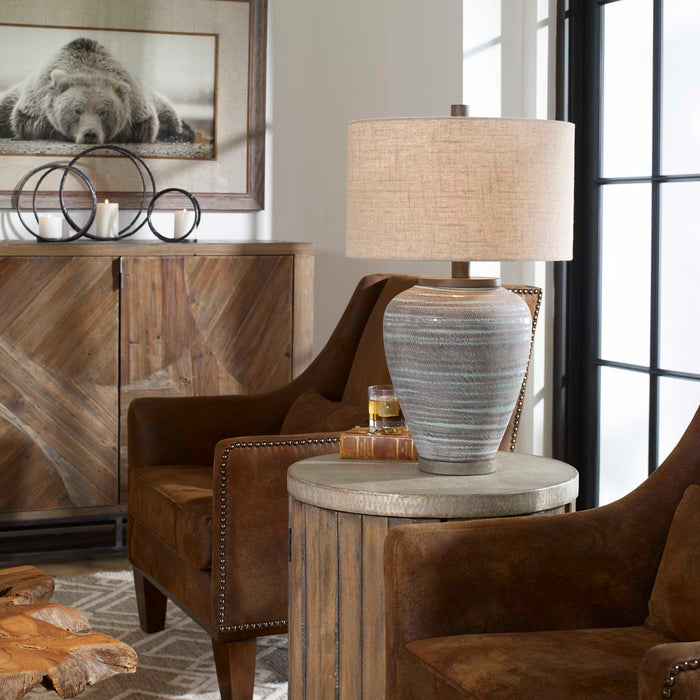 Pelia One Light Table Lamp Aqua Blue Crackle Glaze With Light Gray Textured Pattern-Lamps-Uttermost-Lighting Design Store