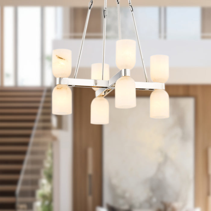 Lucian Eight Light Chandelier Polished Nickel/Alabaster-Mid. Chandeliers-Alora-Lighting Design Store