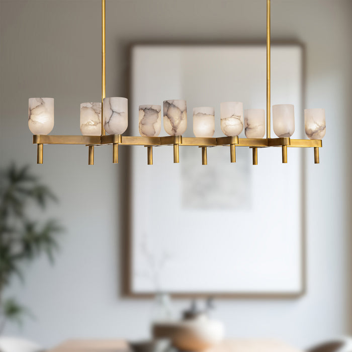 Lucian Ten Light Linear Pendant Vintage Brass/Alabaster-Linear/Island-Alora-Lighting Design Store
