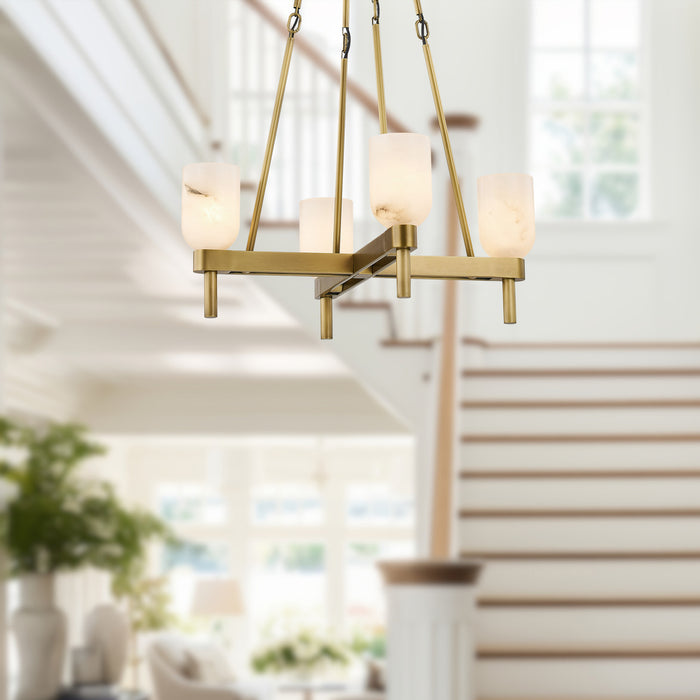 Lucian Four Light Pendant Vintage Brass/Alabaster-Mid. Chandeliers-Alora-Lighting Design Store