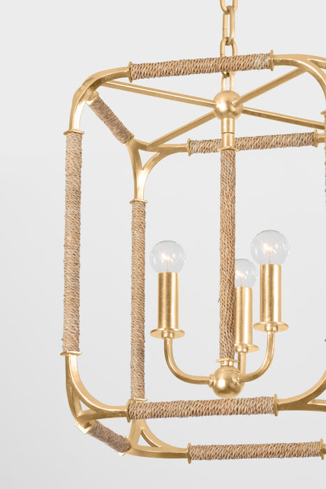 Gold chandelier with three light bulbs on a white background