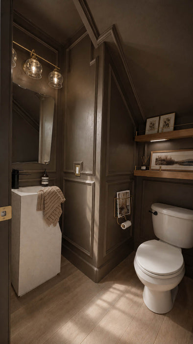 Bathroom with toilet and sink against a dark wall
