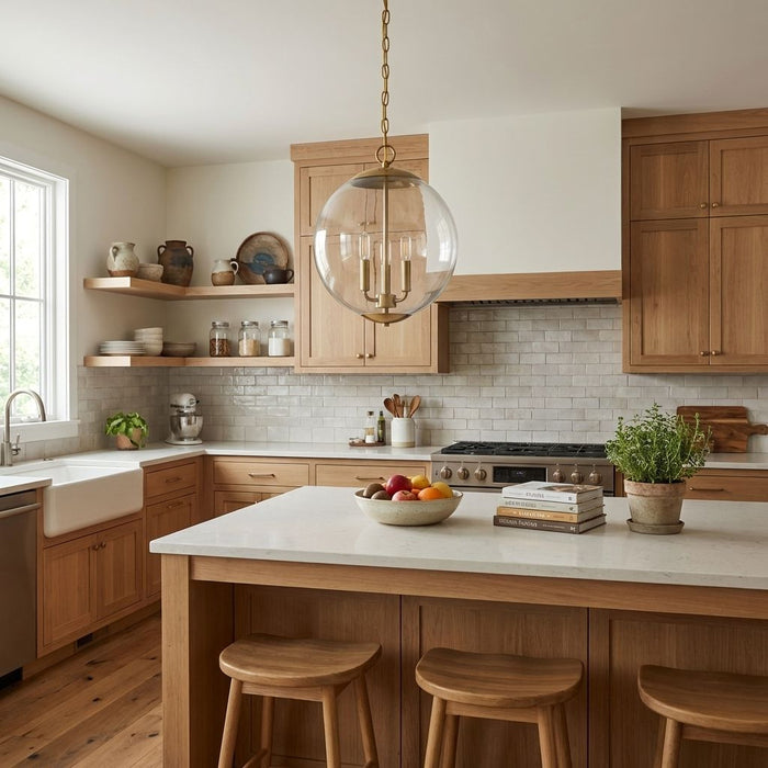 Modern kitchen with wooden cabinets, island, and pendant light.