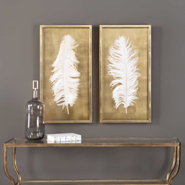 White Feathers Shadow Box S/2 Gold Leaf-Mirrors/Pictures-Uttermost-Lighting Design Store
