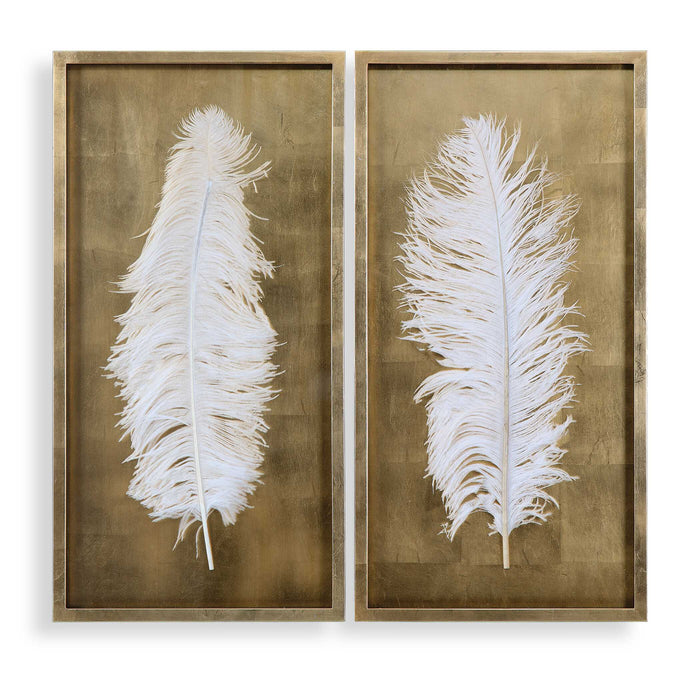 White Feathers Shadow Box S/2 Gold Leaf-Mirrors/Pictures-Uttermost-Lighting Design Store