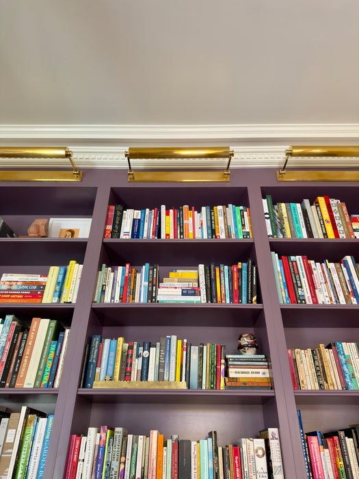 Purple bookshelf filled with books and gold light fixtures on a white wall.