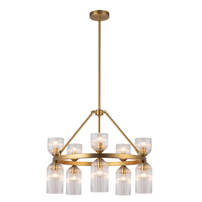 Nelly Ten Light Chandelier Brushed Gold/Clear Ribbed Glass-Mid. Chandeliers-Alora-Lighting Design Store