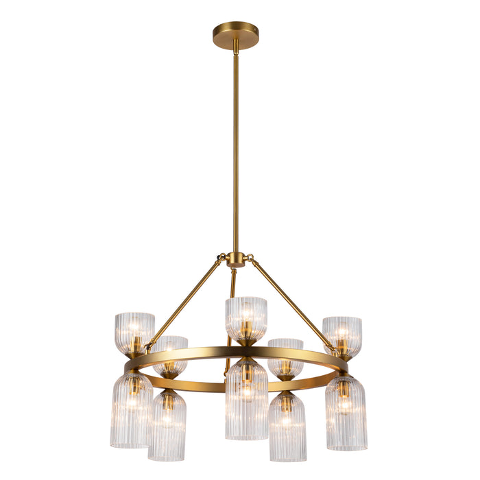 Nelly Ten Light Chandelier Brushed Gold/Clear Ribbed Glass-Mid. Chandeliers-Alora-Lighting Design Store