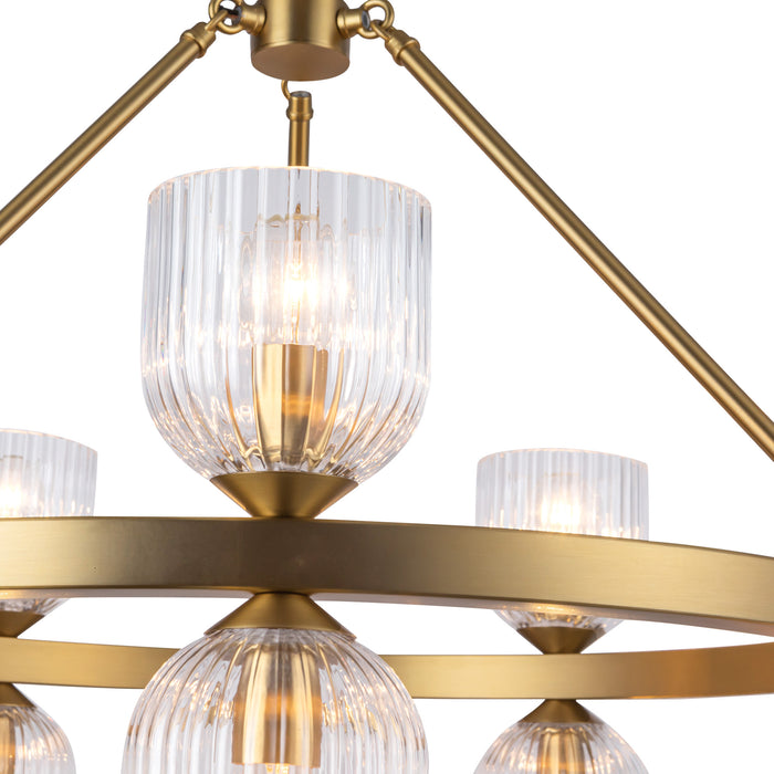 Nelly Ten Light Chandelier Brushed Gold/Clear Ribbed Glass-Mid. Chandeliers-Alora-Lighting Design Store