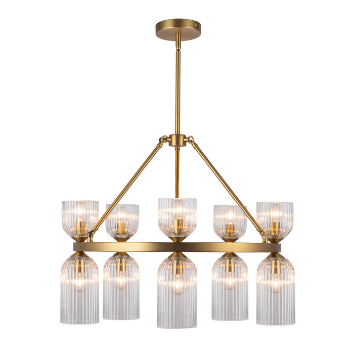 Nelly Ten Light Chandelier Brushed Gold/Clear Ribbed Glass-Mid. Chandeliers-Alora-Lighting Design Store