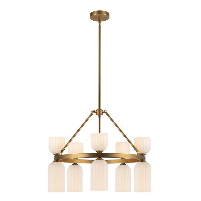 Nelly Ten Light Chandelier Brushed Gold/Glossy Ribbed Opal Glass-Mid. Chandeliers-Alora-Lighting Design Store