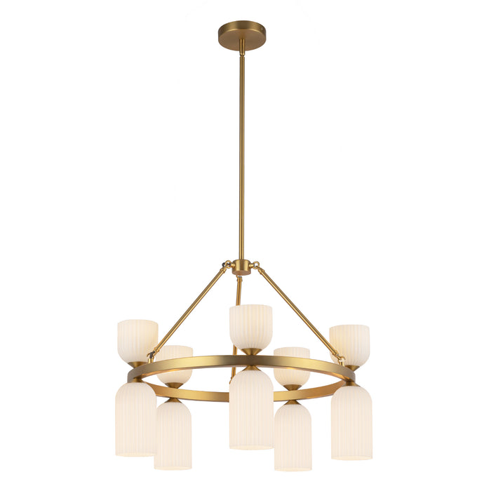 Nelly Ten Light Chandelier Brushed Gold/Glossy Ribbed Opal Glass-Mid. Chandeliers-Alora-Lighting Design Store