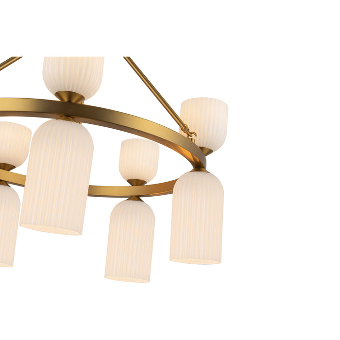 Nelly Ten Light Chandelier Brushed Gold/Glossy Ribbed Opal Glass-Mid. Chandeliers-Alora-Lighting Design Store