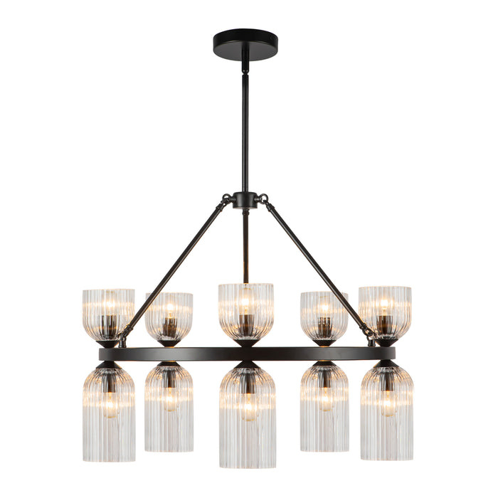 Nelly Ten Light Chandelier Matte Black/Clear Ribbed Glass-Mid. Chandeliers-Alora-Lighting Design Store