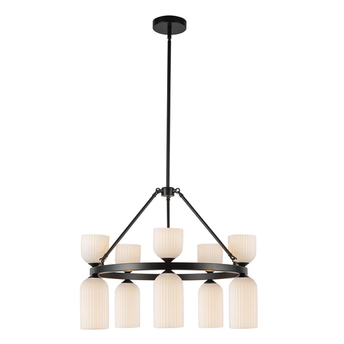 Nelly Ten Light Chandelier Matte Black/Glossy Ribbed Opal Glass-Mid. Chandeliers-Alora-Lighting Design Store