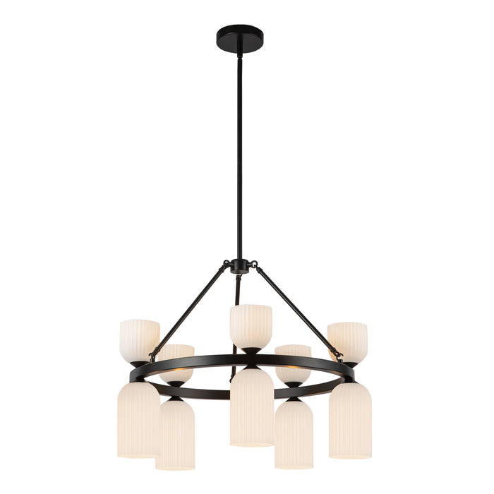 Nelly Ten Light Chandelier Matte Black/Glossy Ribbed Opal Glass-Mid. Chandeliers-Alora-Lighting Design Store