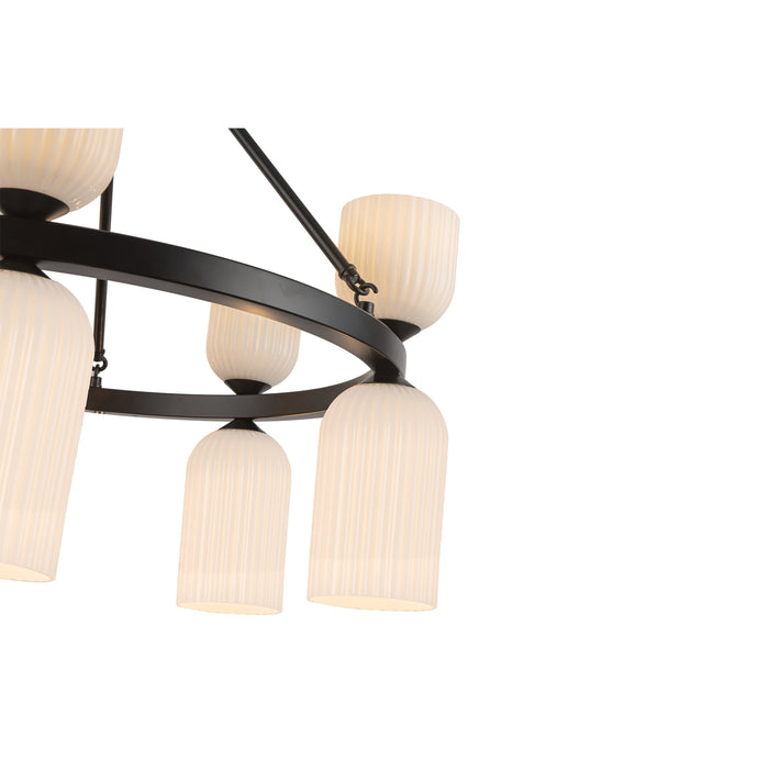 Nelly Ten Light Chandelier Matte Black/Glossy Ribbed Opal Glass-Mid. Chandeliers-Alora-Lighting Design Store