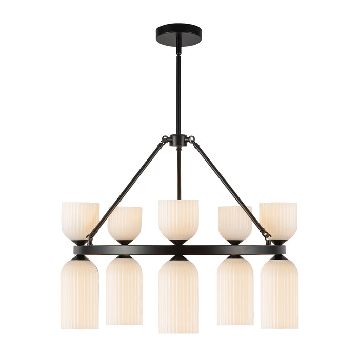 Nelly Ten Light Chandelier Matte Black/Glossy Ribbed Opal Glass-Mid. Chandeliers-Alora-Lighting Design Store
