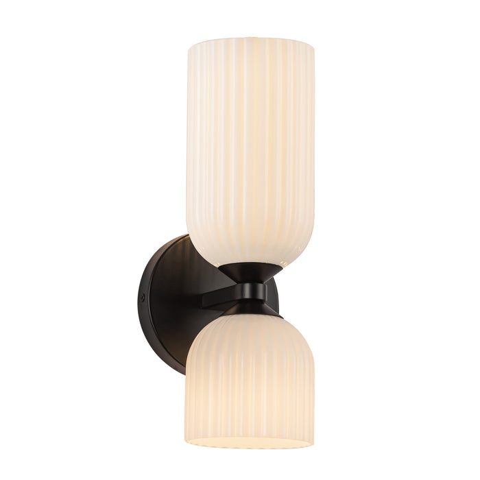 Nelly Two Light Vanity Matte Black/Glossy Ribbed Opal Glass-Sconces-Alora-Lighting Design Store