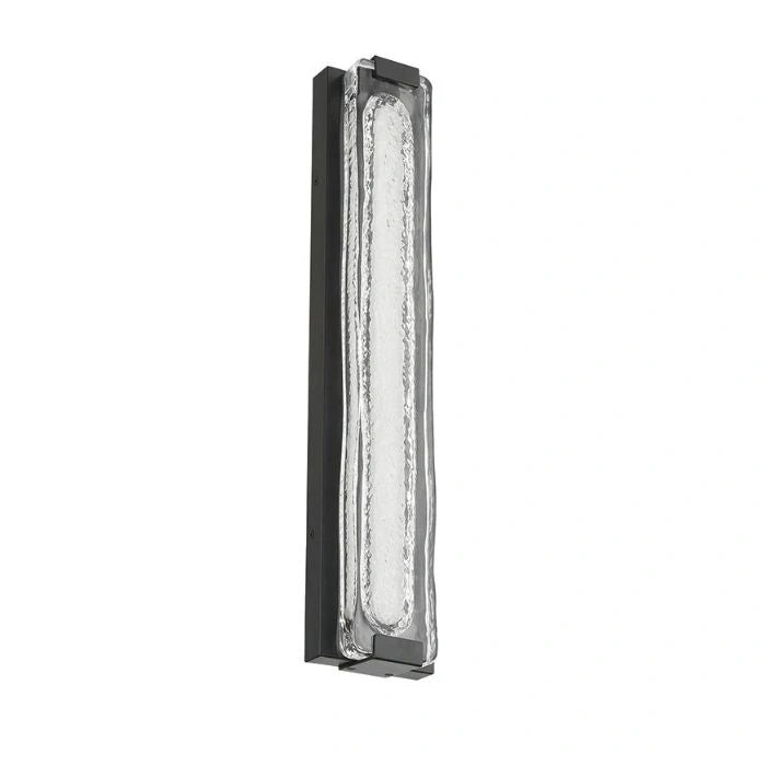 A modern rectangular wall light fixture with a textured, wavy clear glass panel set within a brushed silver metal frame, shown against a plain white background.