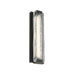 A modern rectangular wall light fixture with a textured clear glass shade and a matte black metal frame, shown against a plain white background.