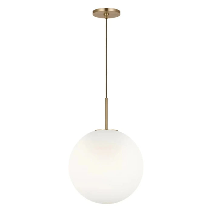 A modern pendant light fixture with a large frosted white spherical glass shade, a slim brass-finished rod, and a matching round ceiling canopy, shown against a plain white background.