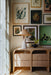 Wooden side table with lamp and decor against a wall with framed artwork