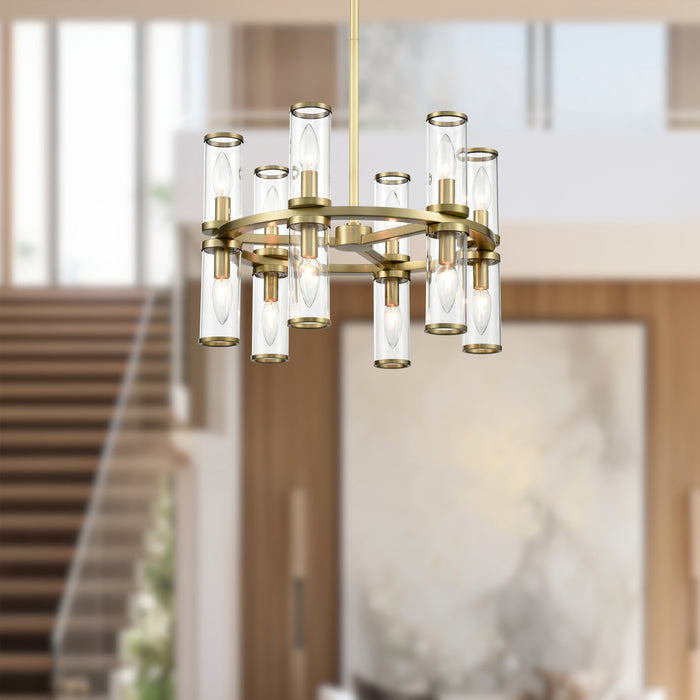 Revolve 12 Light Chandelier Clear Glass/Natural Brass-Mini Chandeliers-Alora-Lighting Design Store