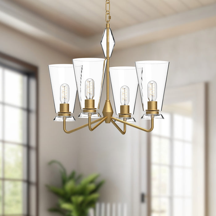 Salem Four Light Chandelier Brushed Gold/Clear Glass-Mid. Chandeliers-Alora-Lighting Design Store