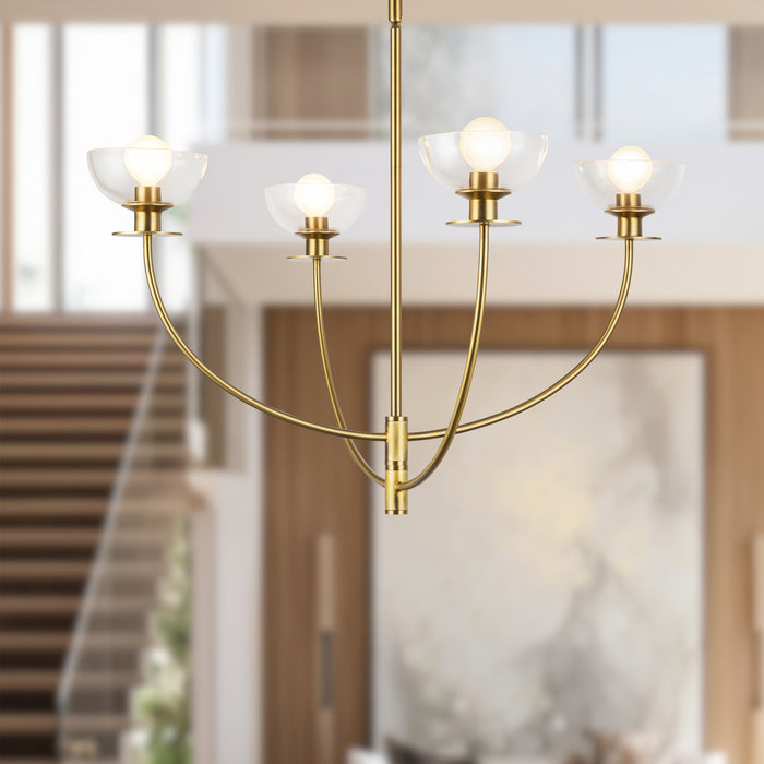 Sylvia Four Light Chandelier Brushed Gold/Clear Glass-Mid. Chandeliers-Alora-Lighting Design Store