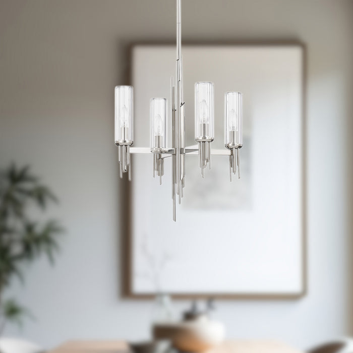 Torres Four Light Chandelier Polished Nickel/Ribbed Glass-Mini Chandeliers-Alora-Lighting Design Store