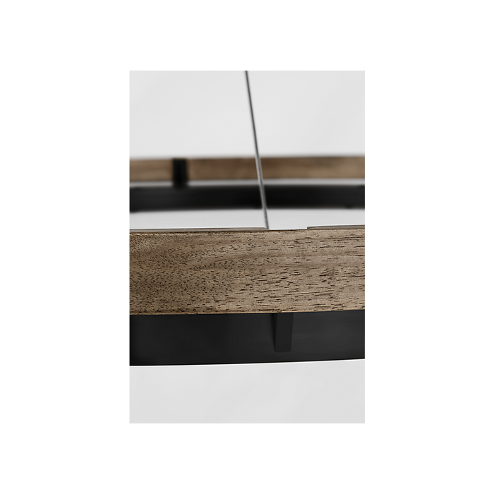Close-up of a wooden surface with a black strip and white base.