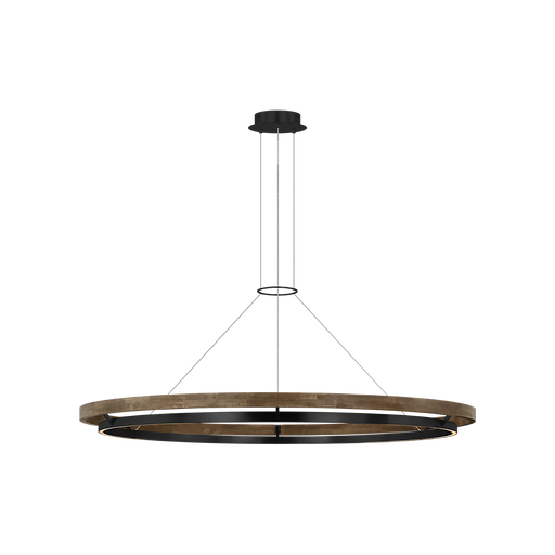 Modern pendant light with wooden ring design on a white background