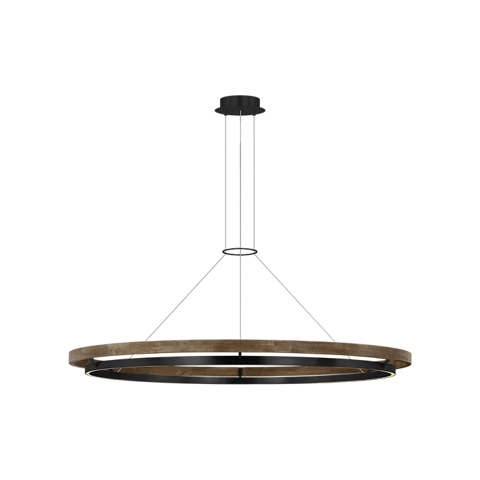 Modern pendant light with wooden ring design on a white background