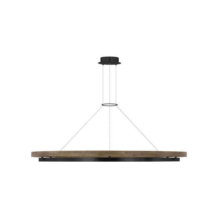 Wooden pendant light with black metal frame on a white background